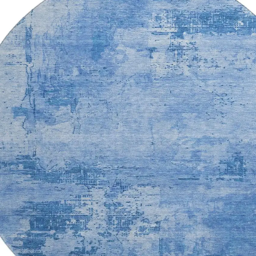8' Navy Blue And Sky Blue Abstract Washable Round Rug With UV Protection Photo 2