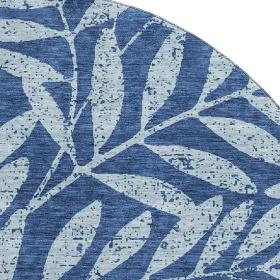 8' Navy Blue And Sky Blue Floral Washable Round Rug With UV Protection Photo 3