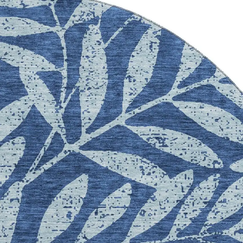 8' Navy Blue And Sky Blue Floral Washable Round Rug With UV Protection Photo 3