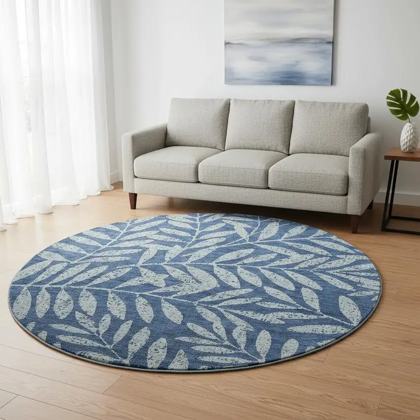 8' Navy Blue And Sky Blue Floral Washable Round Rug With UV Protection Photo 2