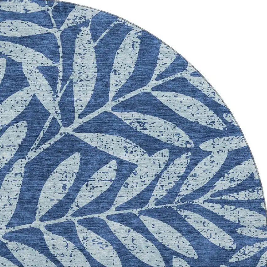 8' Navy Blue And Sky Blue Floral Washable Round Rug With UV Protection Photo 4