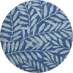 Photo of 8' Navy Blue And Sky Blue Floral Washable Round Rug With UV Protection