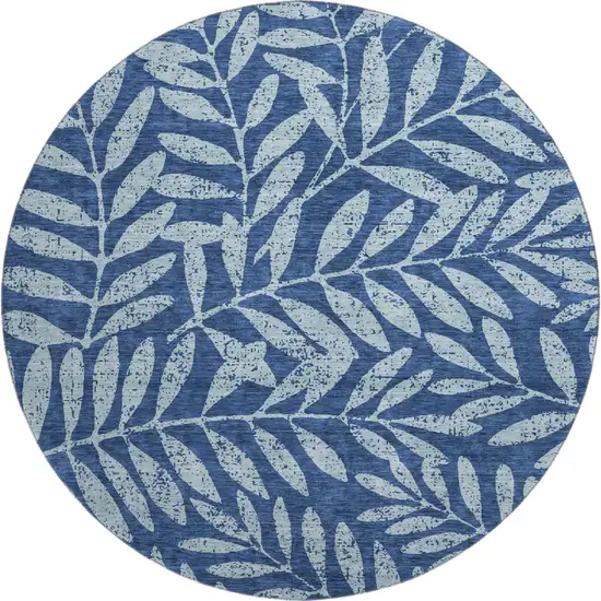 8' Navy Blue And Sky Blue Floral Washable Round Rug With UV Protection Photo 1