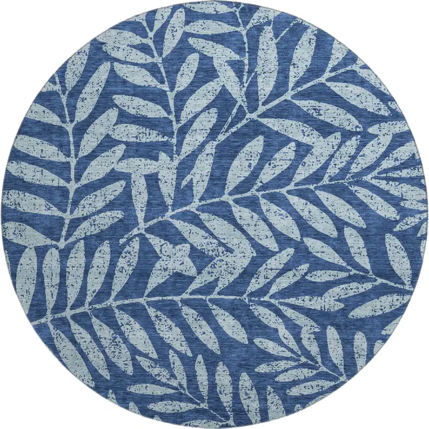 8' Navy Blue And Sky Blue Floral Washable Round Rug With UV Protection Photo 1