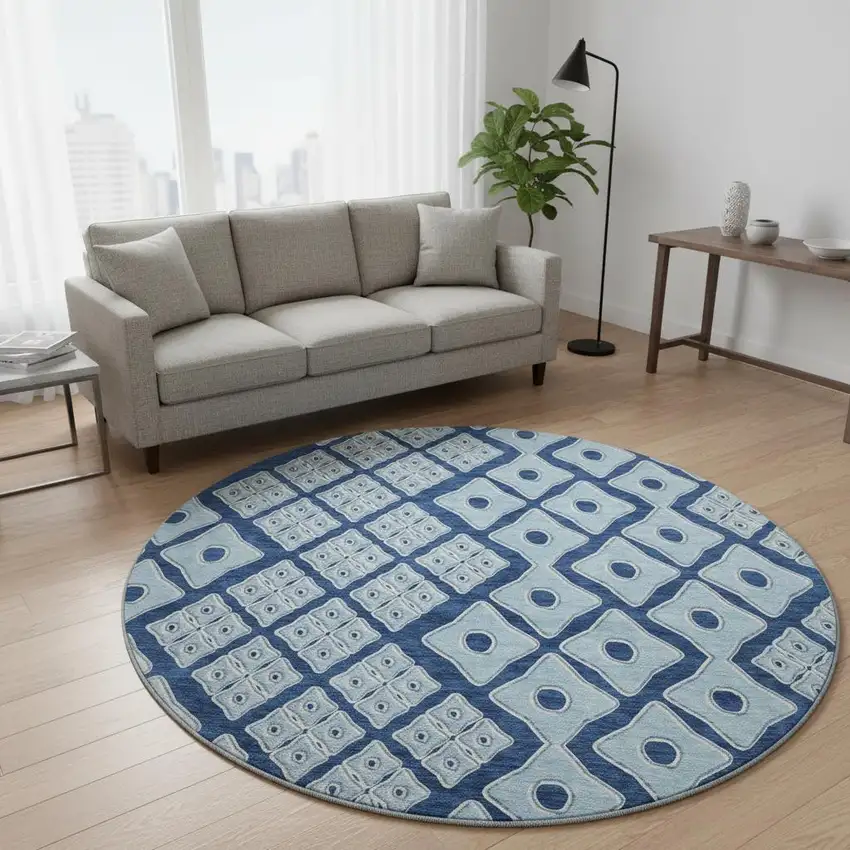 8' Navy Blue And Sky Blue Geometric Washable Round Rug With UV Protection Photo 1