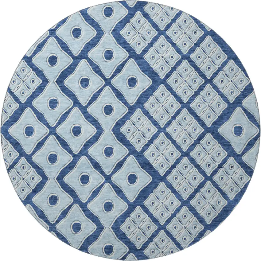 8' Navy Blue And Sky Blue Geometric Washable Round Rug With UV Protection Photo 5