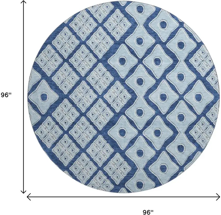 8' Navy Blue And Sky Blue Geometric Washable Round Rug With UV Protection Photo 3