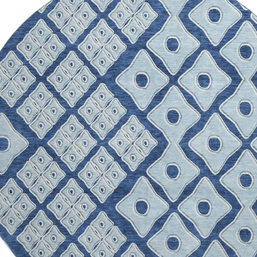 8' Navy Blue And Sky Blue Geometric Washable Round Rug With UV Protection Photo 4