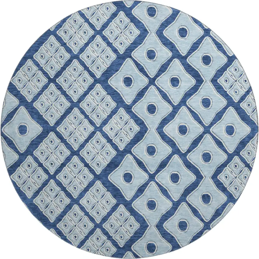 8' Navy Blue And Sky Blue Geometric Washable Round Rug With UV Protection Photo 2