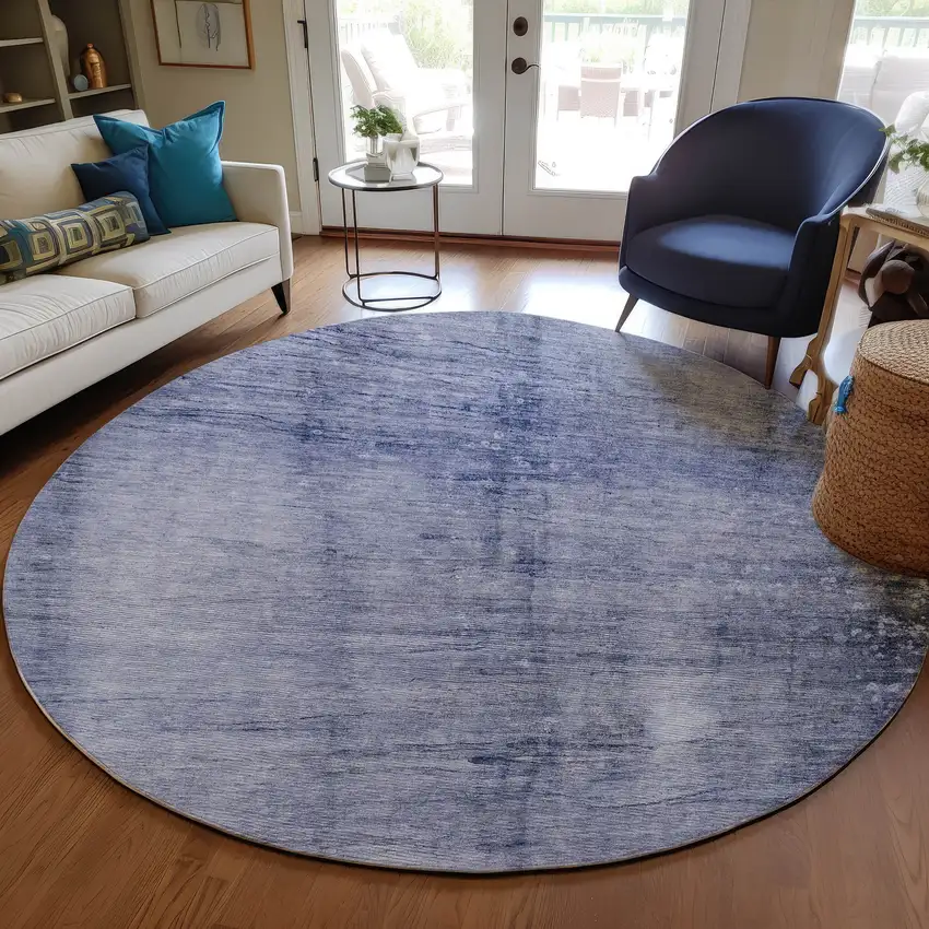 8' Navy Blue And Sky Blue Round Abstract Washable Indoor Outdoor Area Rug Photo 7