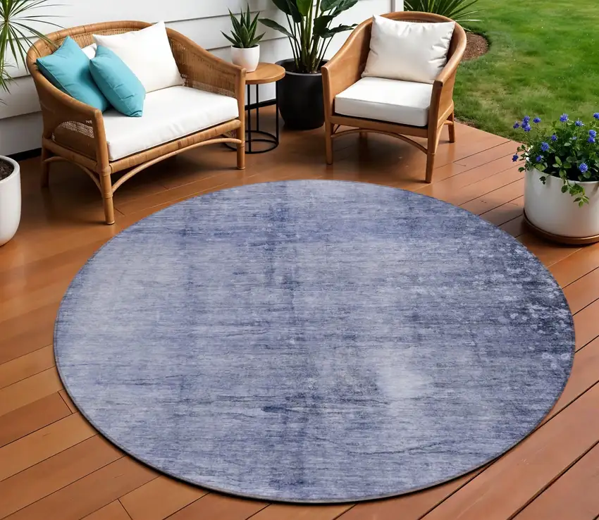 8' Navy Blue And Sky Blue Round Abstract Washable Indoor Outdoor Area Rug Photo 1