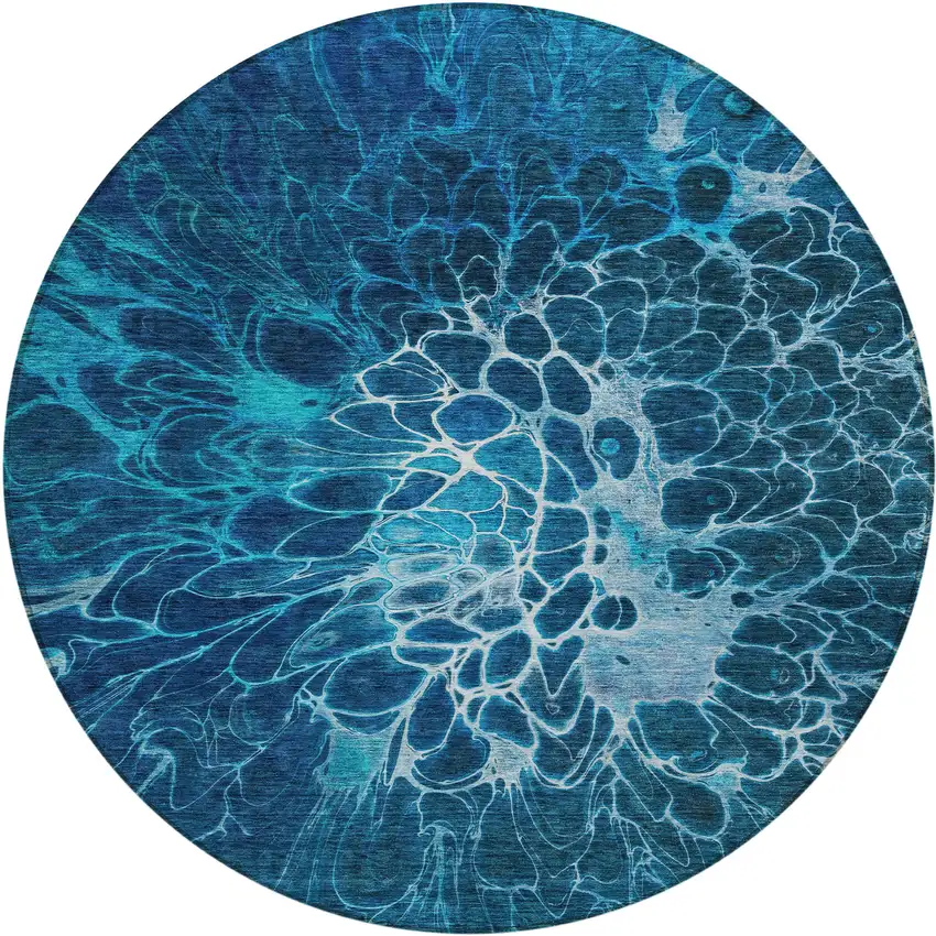 8' Navy Blue And Sky Blue Round Abstract Washable Indoor Outdoor Area Rug Photo 2