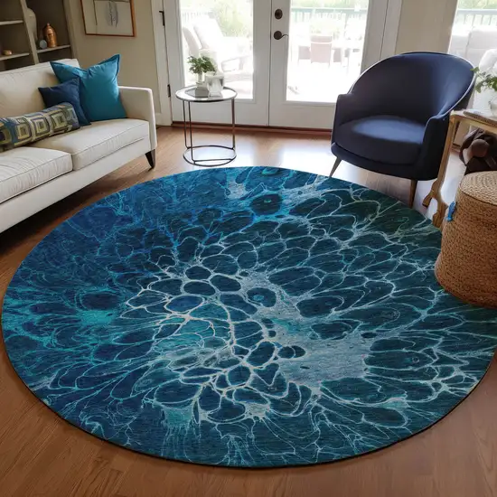 8' Navy Blue And Sky Blue Round Abstract Washable Indoor Outdoor Area Rug Photo 9