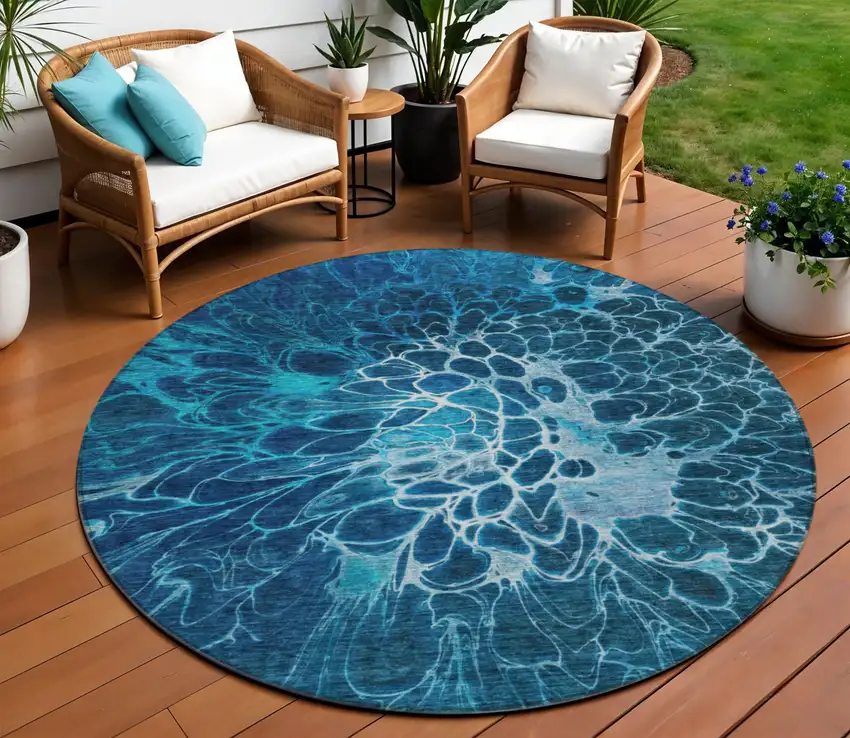 8' Navy Blue And Sky Blue Round Abstract Washable Indoor Outdoor Area Rug Photo 1