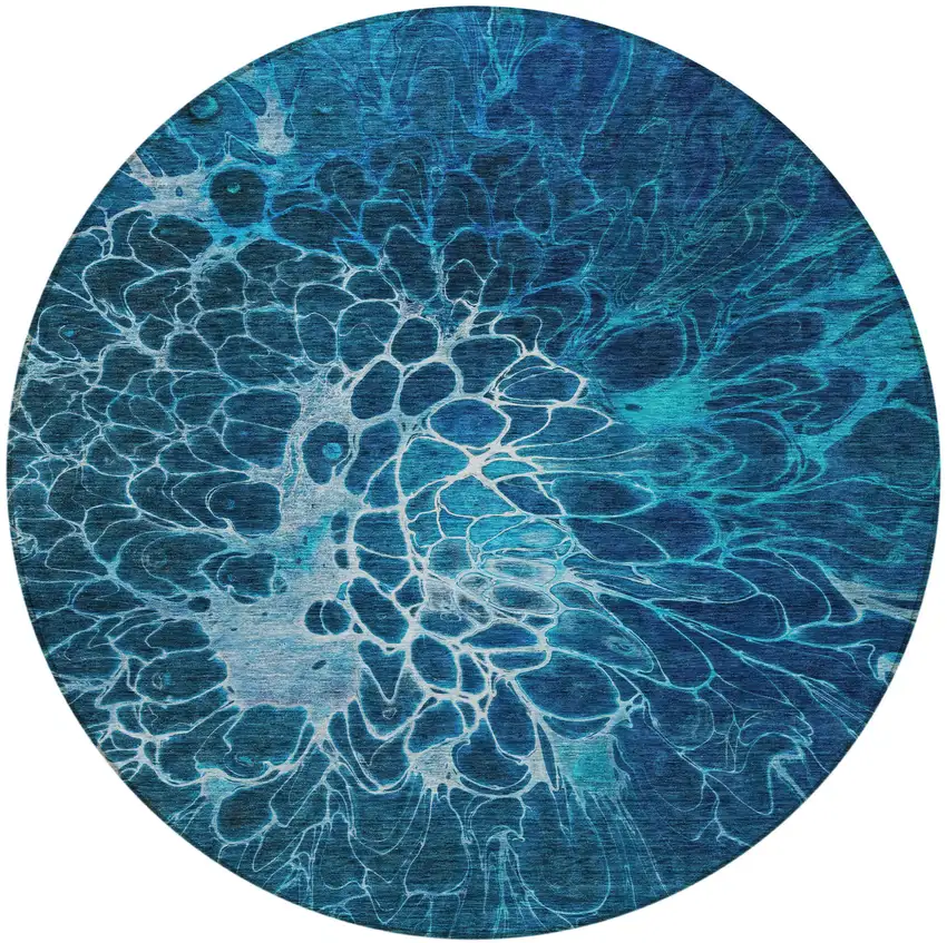 8' Navy Blue And Sky Blue Round Abstract Washable Indoor Outdoor Area Rug Photo 7