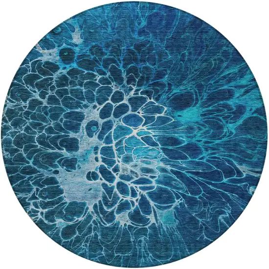 8' Navy Blue And Sky Blue Round Abstract Washable Indoor Outdoor Area Rug Photo 7