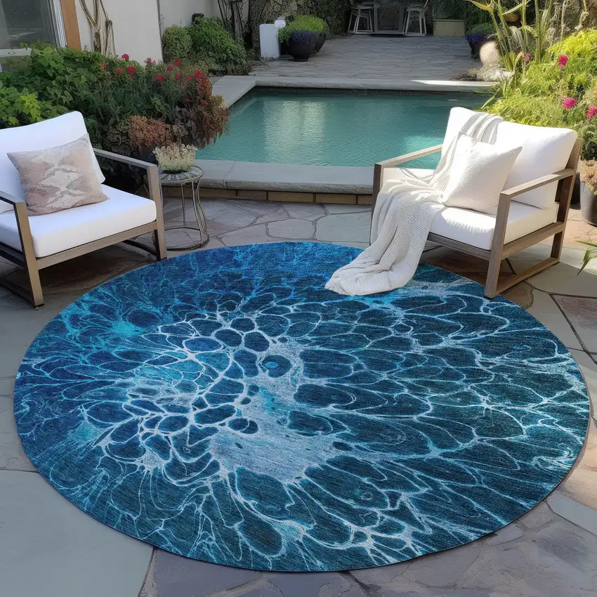 8' Navy Blue And Sky Blue Round Abstract Washable Indoor Outdoor Area Rug Photo 8