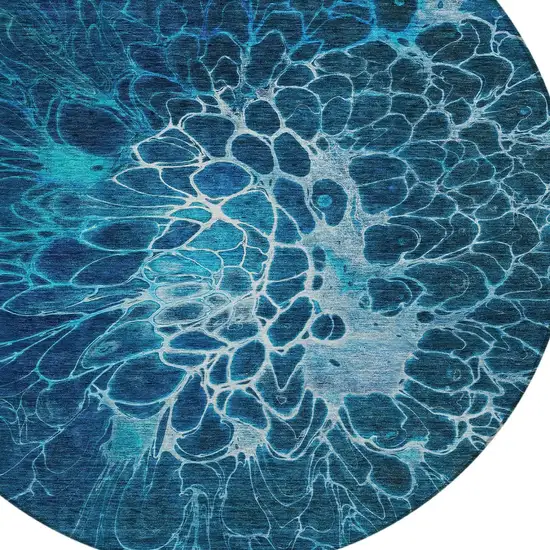 8' Navy Blue And Sky Blue Round Abstract Washable Indoor Outdoor Area Rug Photo 6
