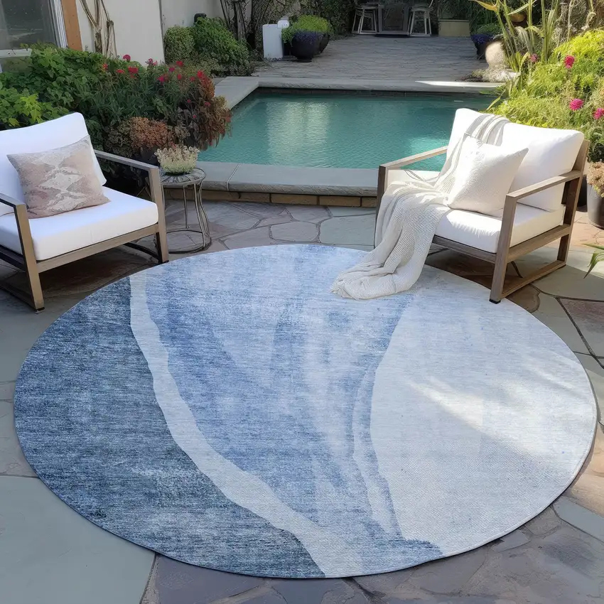8' Navy Blue And Sky Blue Round Abstract Washable Indoor Outdoor Area Rug Photo 5