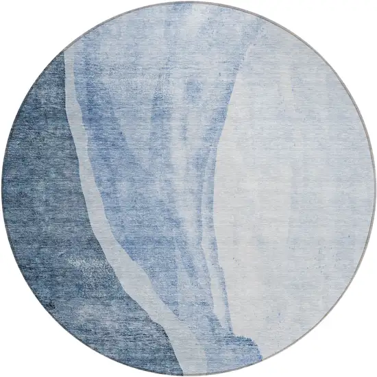 8' Navy Blue And Sky Blue Round Abstract Washable Indoor Outdoor Area Rug Photo 1
