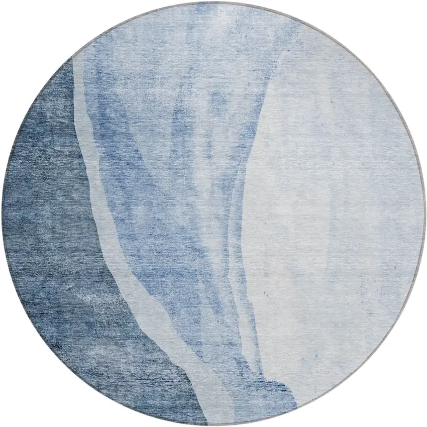 8' Navy Blue And Sky Blue Round Abstract Washable Indoor Outdoor Area Rug Photo 1