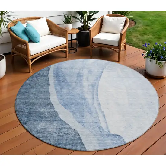 8' Navy Blue And Sky Blue Round Abstract Washable Indoor Outdoor Area Rug Photo 9