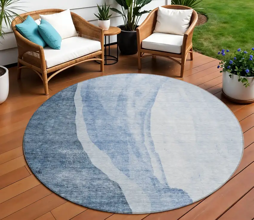8' Navy Blue And Sky Blue Round Abstract Washable Indoor Outdoor Area Rug Photo 9