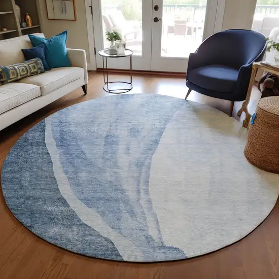 8' Navy Blue And Sky Blue Round Abstract Washable Indoor Outdoor Area Rug Photo 6