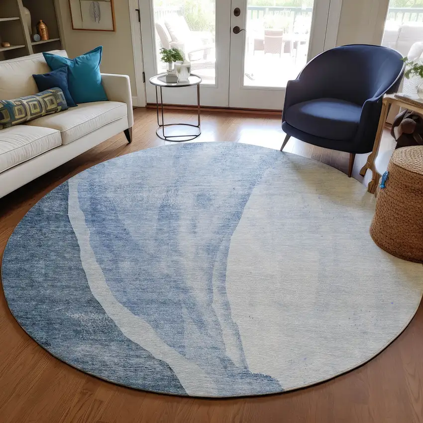 8' Navy Blue And Sky Blue Round Abstract Washable Indoor Outdoor Area Rug Photo 6