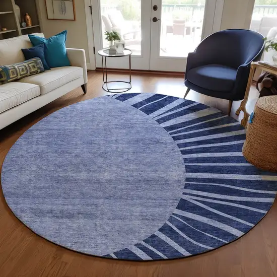 8' Navy Blue And Sky Blue Round Abstract Washable Indoor Outdoor Area Rug Photo 9