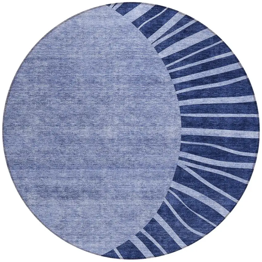 8' Navy Blue And Sky Blue Round Abstract Washable Indoor Outdoor Area Rug Photo 7