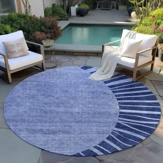 8' Navy Blue And Sky Blue Round Abstract Washable Indoor Outdoor Area Rug Photo 8