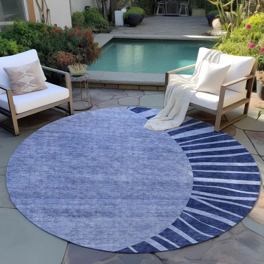 8' Navy Blue And Sky Blue Round Abstract Washable Indoor Outdoor Area Rug Photo 8