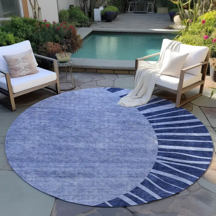 8' Navy Blue And Sky Blue Round Abstract Washable Indoor Outdoor Area Rug Photo 8