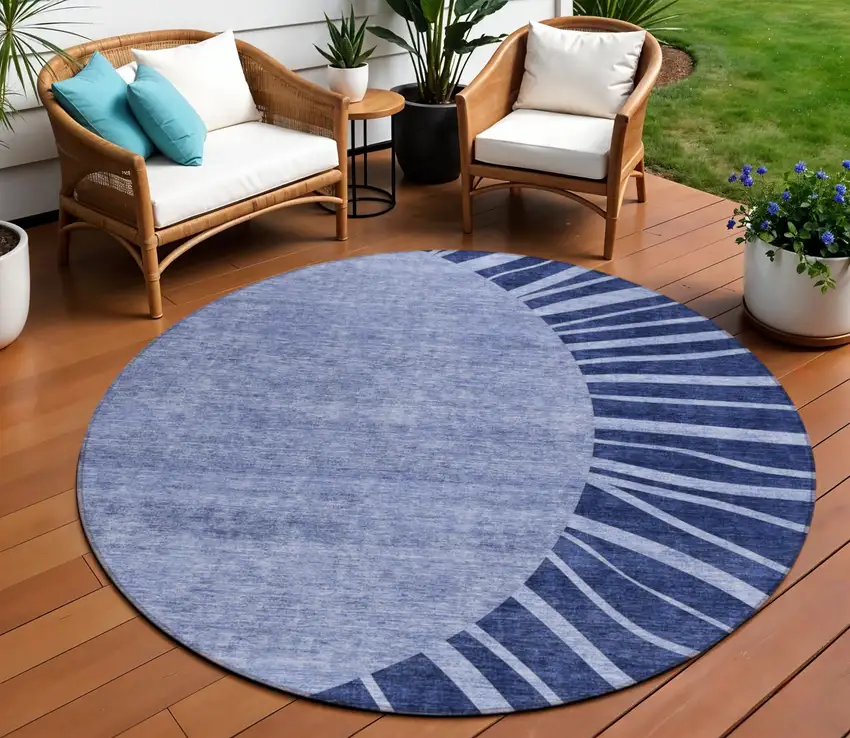 8' Navy Blue And Sky Blue Round Abstract Washable Indoor Outdoor Area Rug Photo 1