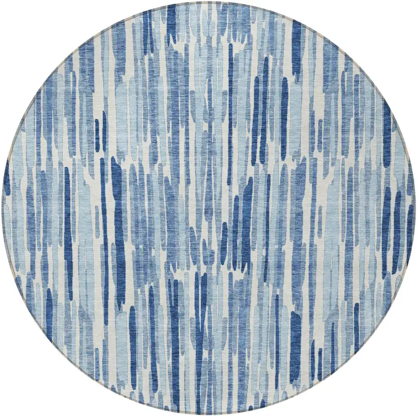 8' Navy Blue And Sky Blue Round Abstract Washable Indoor Outdoor Area Rug Photo 4