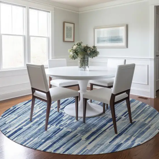 8' Navy Blue And Sky Blue Round Abstract Washable Indoor Outdoor Area Rug Photo 6