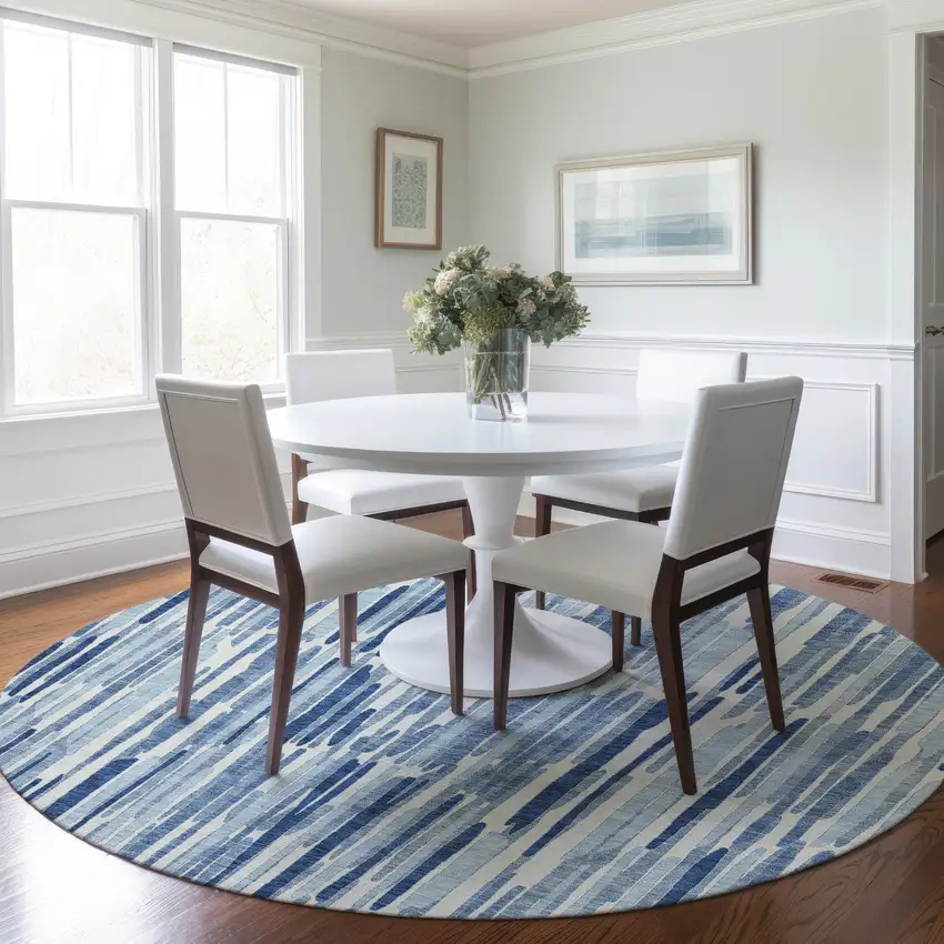 8' Navy Blue And Sky Blue Round Abstract Washable Indoor Outdoor Area Rug Photo 6