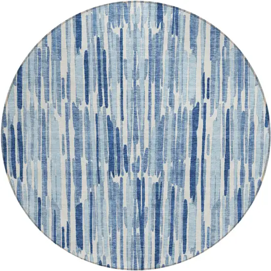 8' Navy Blue And Sky Blue Round Abstract Washable Indoor Outdoor Area Rug Photo 1