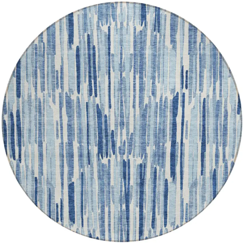 8' Navy Blue And Sky Blue Round Abstract Washable Indoor Outdoor Area Rug Photo 1