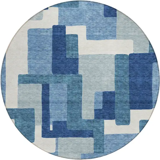 8' Navy Blue And Sky Blue Round Abstract Washable Indoor Outdoor Area Rug Photo 2