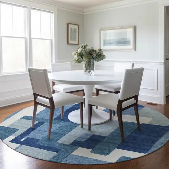 8' Navy Blue And Sky Blue Round Abstract Washable Indoor Outdoor Area Rug Photo 7