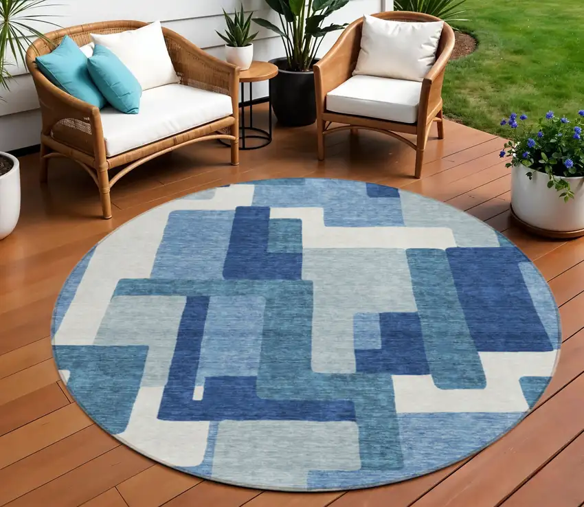8' Navy Blue And Sky Blue Round Abstract Washable Indoor Outdoor Area Rug Photo 1