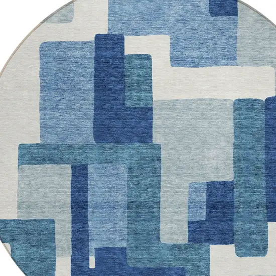 8' Navy Blue And Sky Blue Round Abstract Washable Indoor Outdoor Area Rug Photo 4