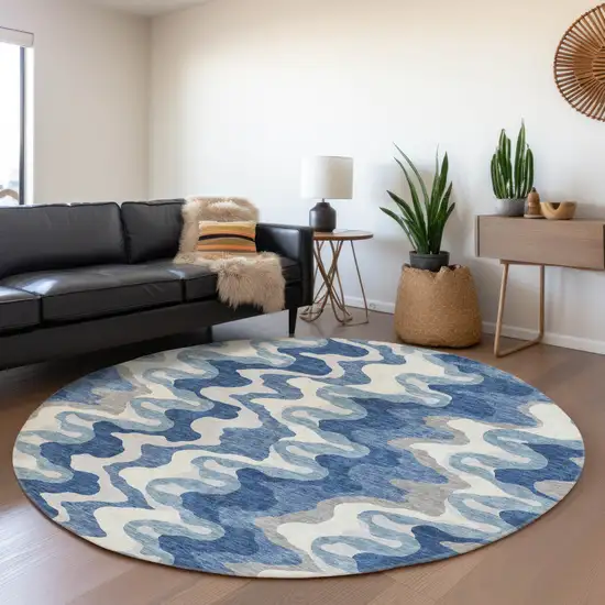 8' Navy Blue And Sky Blue Round Abstract Washable Indoor Outdoor Area Rug Photo 6