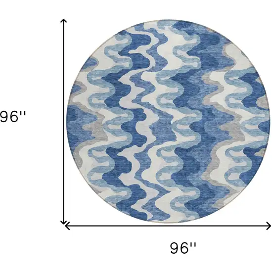 8' Navy Blue And Sky Blue Round Abstract Washable Indoor Outdoor Area Rug Photo 7