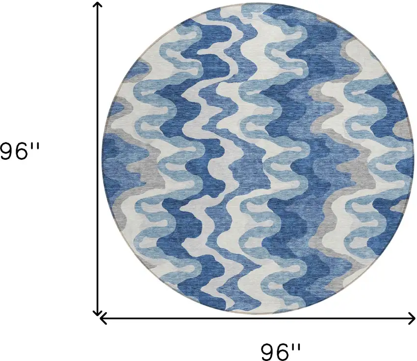 8' Navy Blue And Sky Blue Round Abstract Washable Indoor Outdoor Area Rug Photo 7