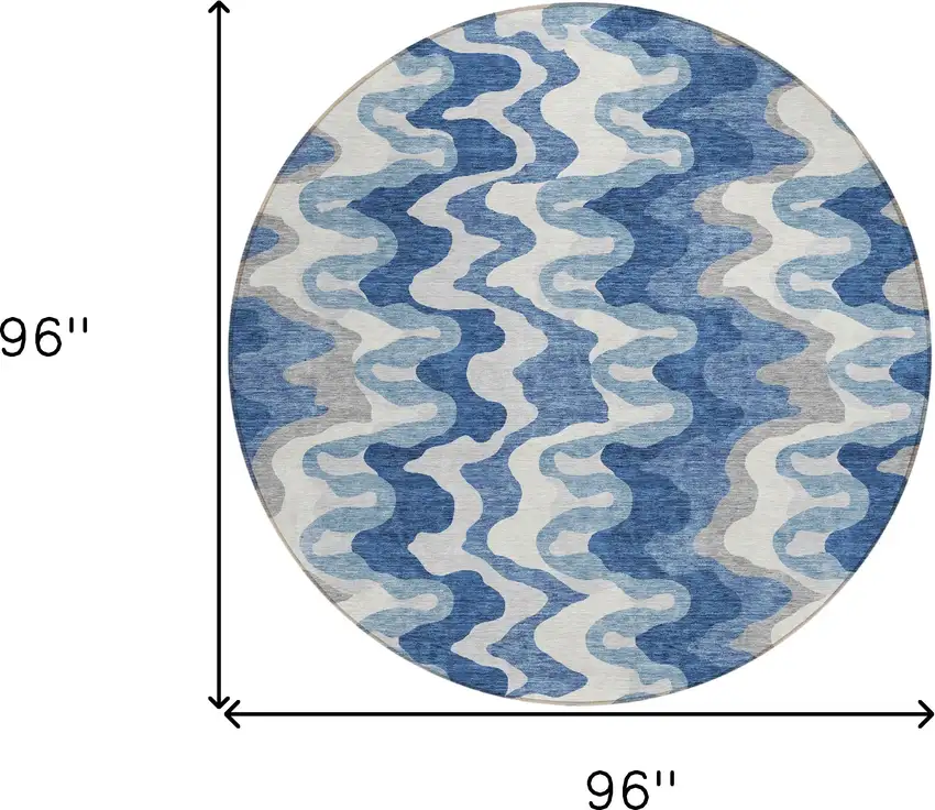 8' Navy Blue And Sky Blue Round Abstract Washable Indoor Outdoor Area Rug Photo 7