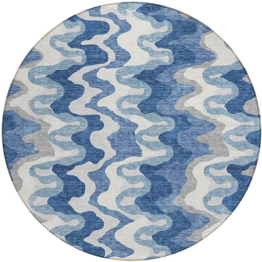 8' Navy Blue And Sky Blue Round Abstract Washable Indoor Outdoor Area Rug Photo 1
