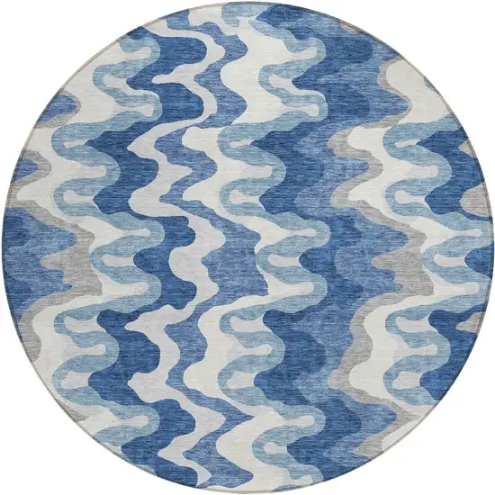 8' Navy Blue And Sky Blue Round Abstract Washable Indoor Outdoor Area Rug Photo 1